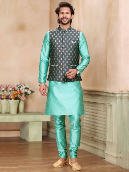 Turquoise Party Wear Kurta Churidaar With Jacket