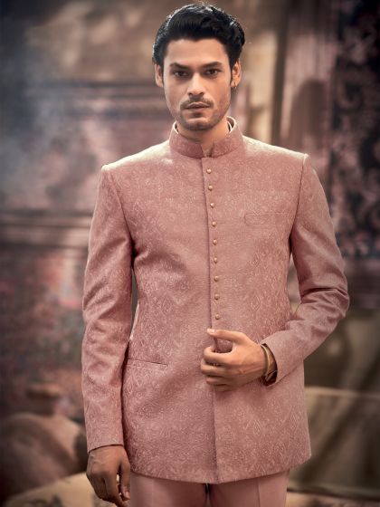 Pink Woven Bandhgala Suit In Silk