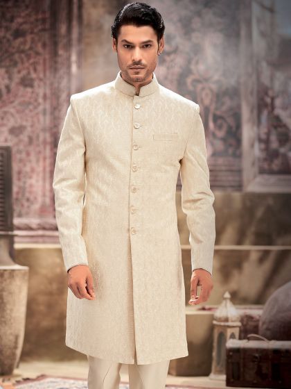 Off White Groom Embroidery Indo Western In Silk