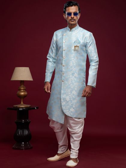 Blue Asymmetric Indo Western With Dhoti