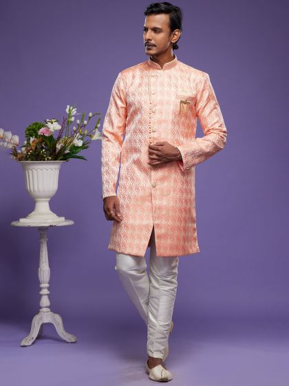 Peach Banarasi Silk Indo Western Set