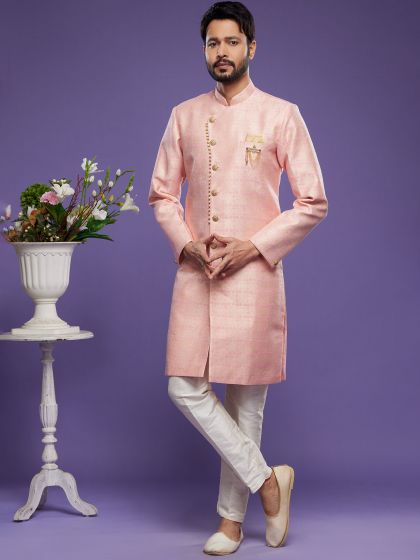 Pink Woven Indo Western Set In Banarasi Silk