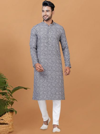 Grey Digital Printed Kurta Pyjama In Cotton