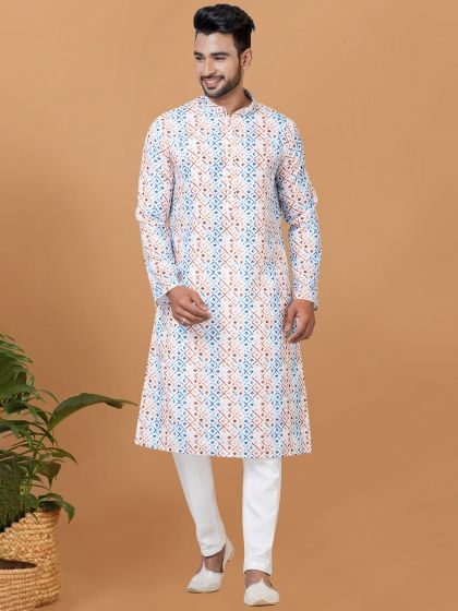 White Digital Printed Kurta Pyjama Set