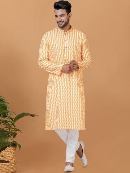 Yellow And White Kurta Pyjama In Cotton