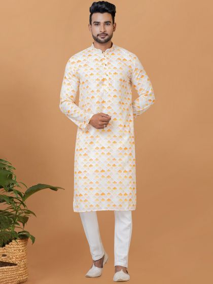 White Festive Mens Kurta Pyjama In Cotton