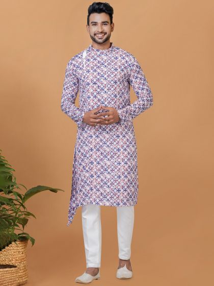 White Asymmetric Kurta Pajama With Prints