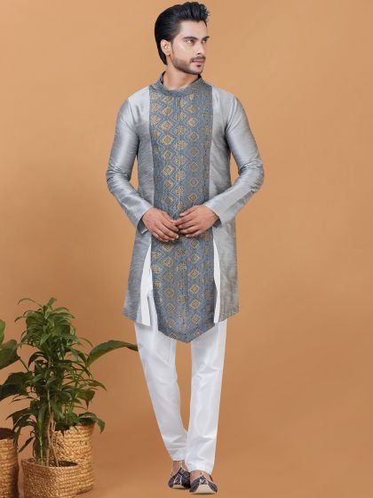 Grey Festive Kurta Pyjama In Silk