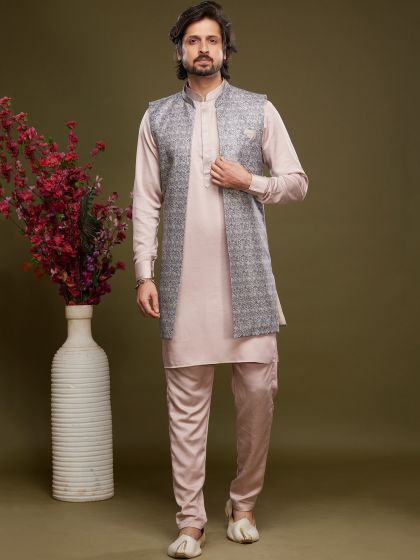 Pink Party Wear Silk Kurta Pajama With Jacket