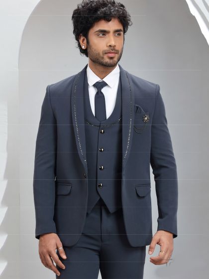 Blue Italian Mens Suit With Stone Embellished