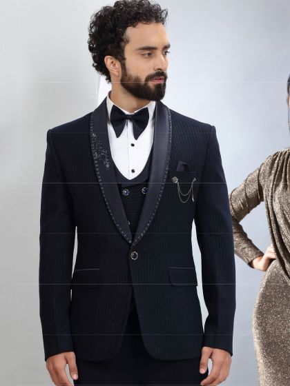 Dark Blue Zari Stripped Three Piece Mens Tuxedo