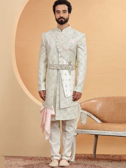 White Wedding Wear Grooms Silk Fabric Sherwani