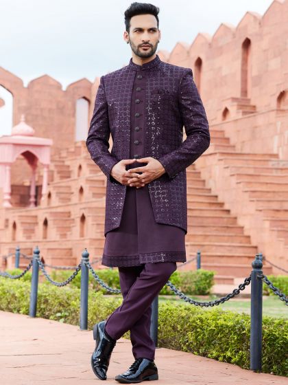 Purple Hand Embroidered Mens Indwestern Sherwani