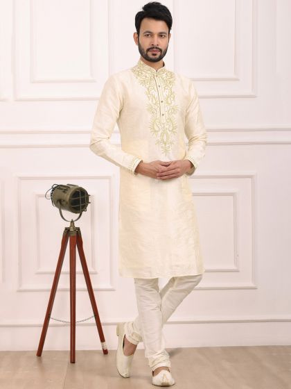 Cream Silk Kurta With Churidaar Pyjama