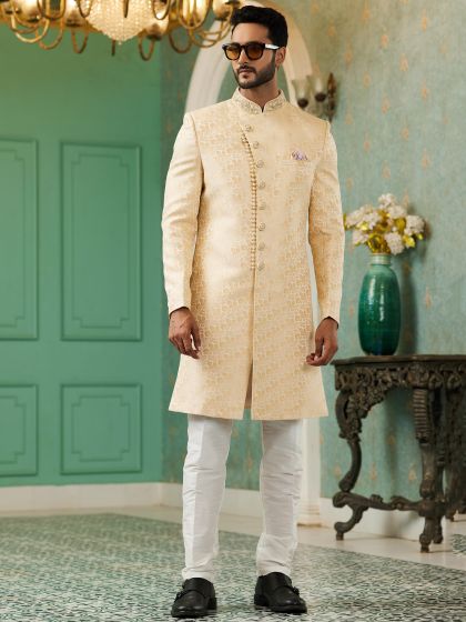 Cream Angrakha Style Indo Western For Mens