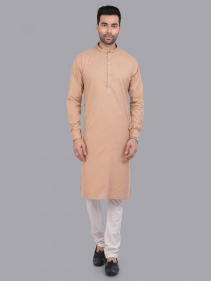 Light Beige Mens Plain Kurta Pyjama In Art Silk