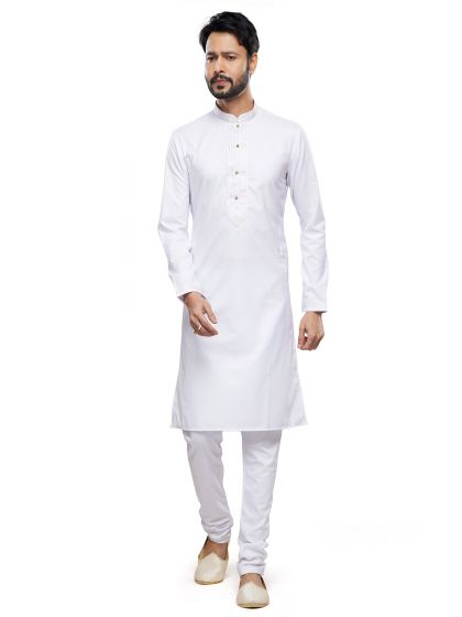 White Readymade Mens Kurta Pyjama In Silk