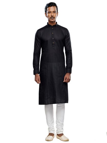 Black Mens Readymade Kurta With Churidaar In Silk