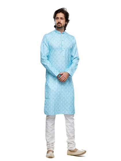 Sky Blue Readymade Kurta Pyjama In Digital Print