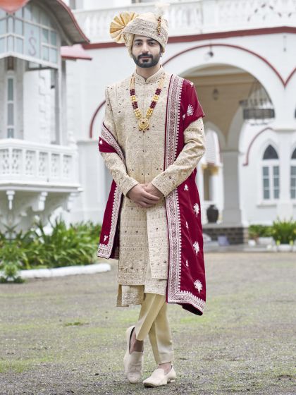 Golden Wedding Sherwani In Hand Embroidery