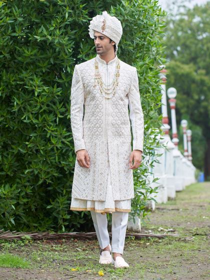 Pearl White Mens Wedding Sherwani With Anarkali Kurta