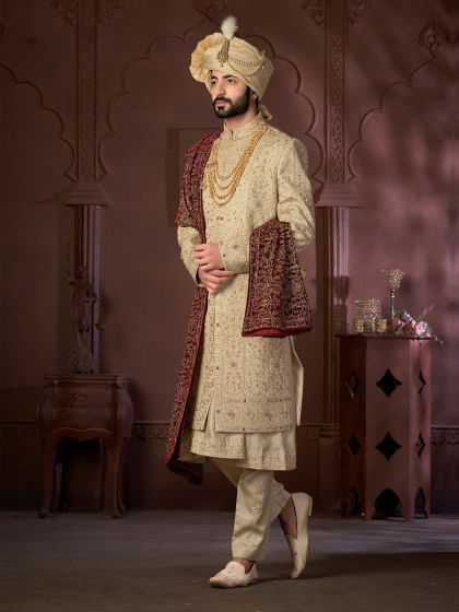 Golden Embroidered Anarkali Styled Sherwani For Groom