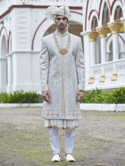 White Floral Thread Embellished Achkan Style Sherwani