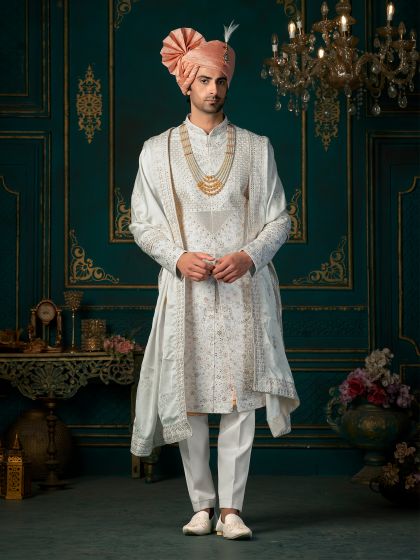 White Embroidered Readymade Groom's Sherwani In Silk