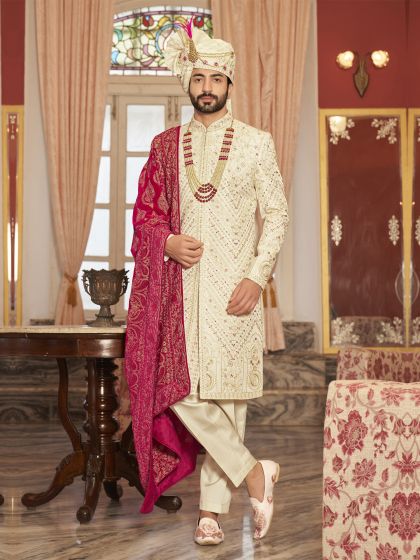 Golden Hand Embroidered Groom Sherwani In Silk