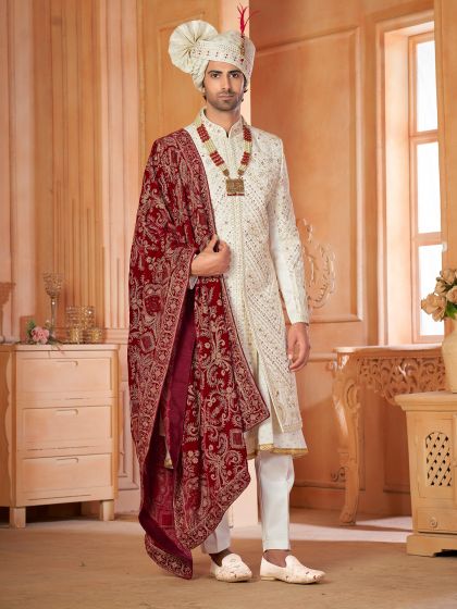 White Readymade Silk Sherwani In Thread Embroidery