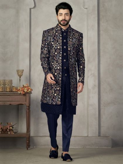 Navy Blue Silk Jacketed Style Indowestern In Floral Work