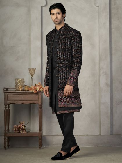 Black Mens Indowestern In Thread Embroidered