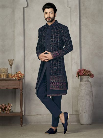 Blue Thread Embroidered Jaketed Indowestern