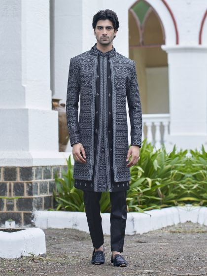 Black Hand Thread Embroidered Mens Silk Indowestern