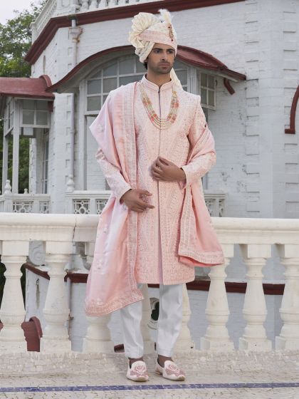 Pink Achkan Style Sherwani In Thread Work Embroidery