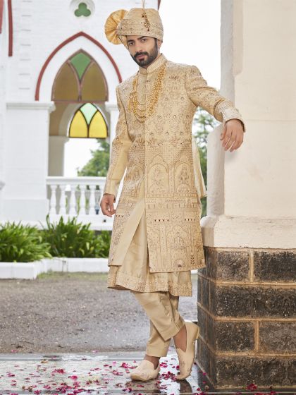 Golden Stone Embroidered Anarkali Style Sherwani