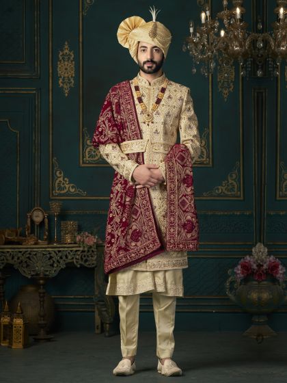 Golden Anarkali Styled Sherwani With Embroidered Stole