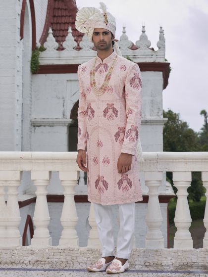 Rose Pink Wedding Silk Sherwani In Thread Embroidery