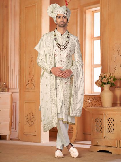 White Anarkali Styled Sherwani In Stone Embellishment