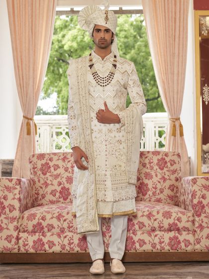 Off White Readymade Embroidered Groom's Sherwani