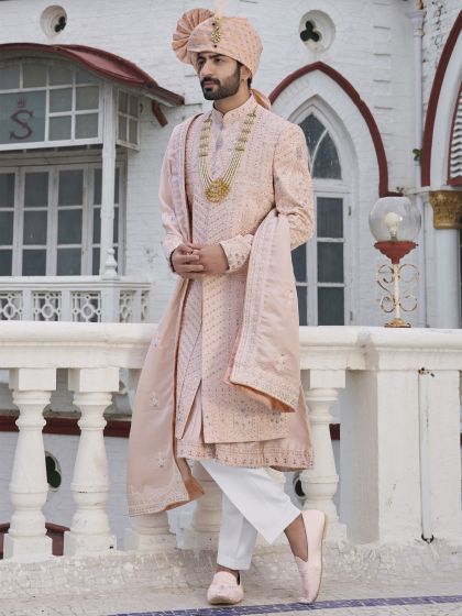 Indian men fashion - Peach Stone Embellished Silk Sherwani For Groom