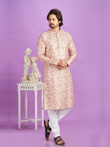 Cream Readymade Kurta Pyjama With Print In Cotton