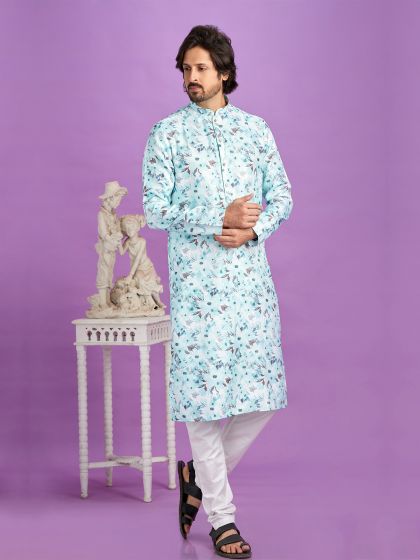 Sky Blue Readymade Printed Kurta Pyjama In Cotton