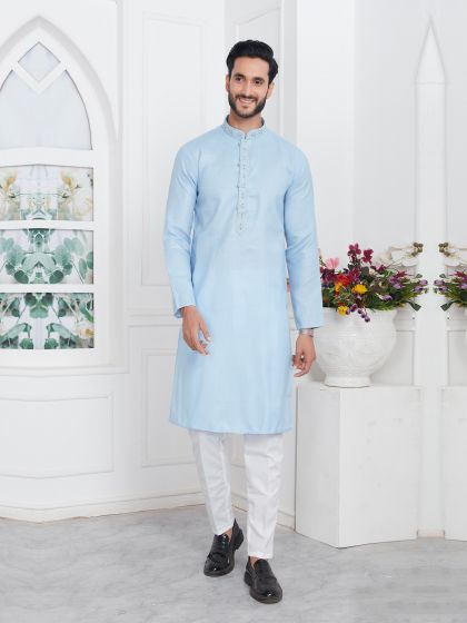 Light Blue Casual Kurta Pyjama For Mens In Cotton