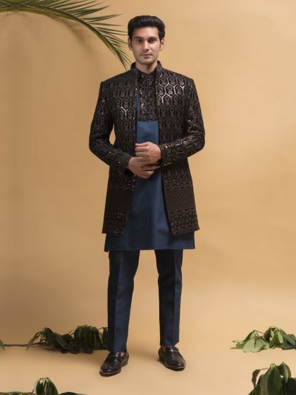 Navy Blue Sequined Indowestern Set In Jackted Style