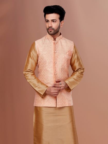 Light Peach Mens Wear Nehru Jacket In Silk