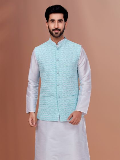 Sky Blue Nehru Jacket In Silk With Thread Embroidery