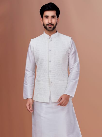 White Embroidered Modi Jacket For Mens In Georgette