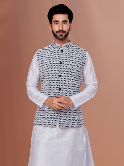 White Mens Wear Nehru Jacket In Heavy Thread Embroidery