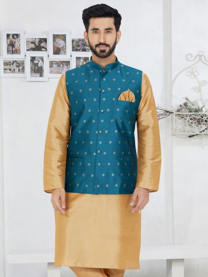 Teal Blue Mens Nehru Jacket In Woven Design